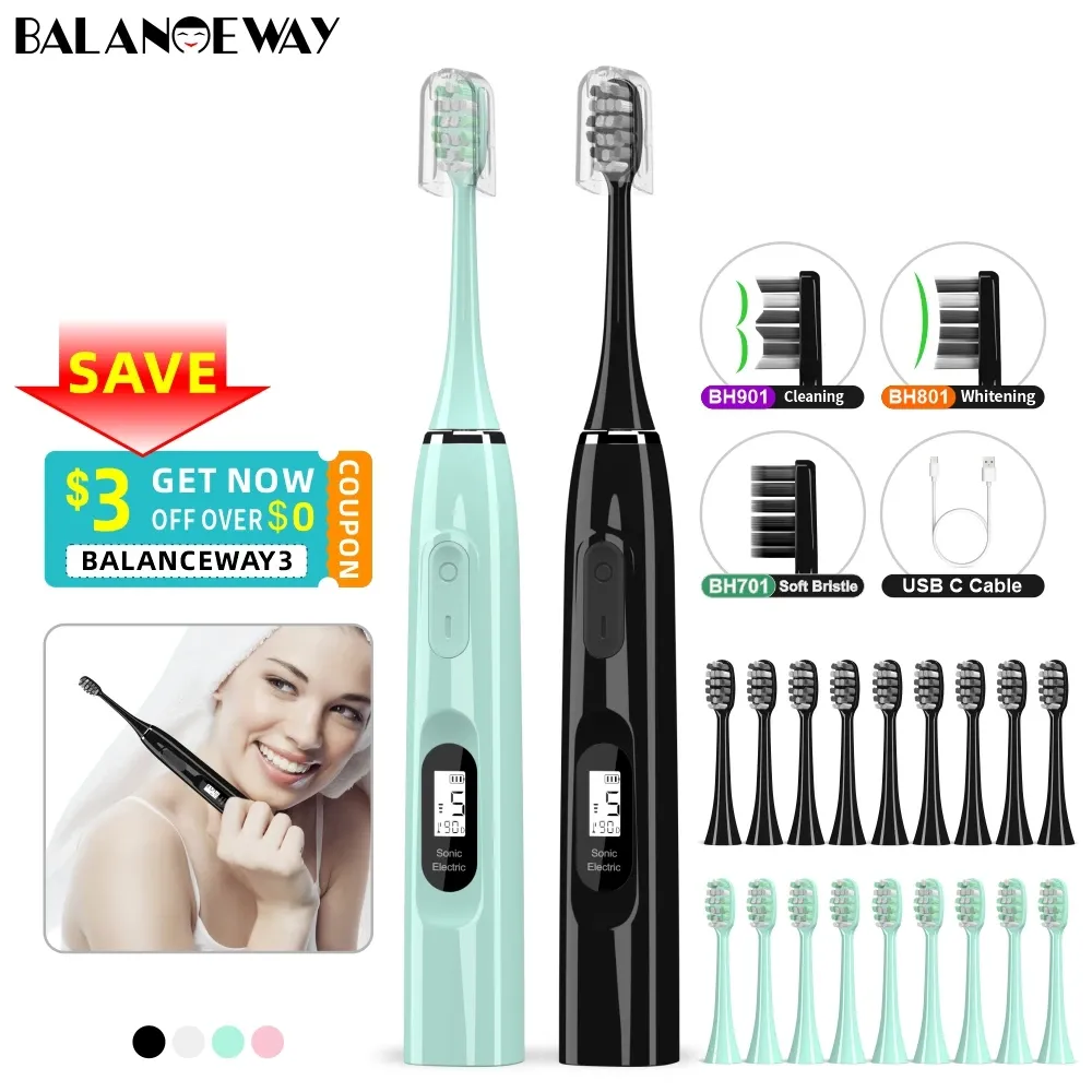 Heads LCD SONIC Electric Brosse à dents USB C rechargeable IPX7 Cleaning Adult Whitening 15Modes Care 10 CARE REMPLACIPABLE PERS P5S P5S