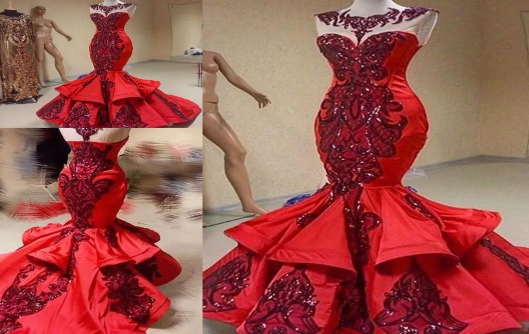 Slowly Sequins Applique koronkowe syrena wieczorowe sukienki formalne 2018 Skromne marszki spódnica Fishtail Yousef Aljasmi Red Luxury Prom Dre7940900