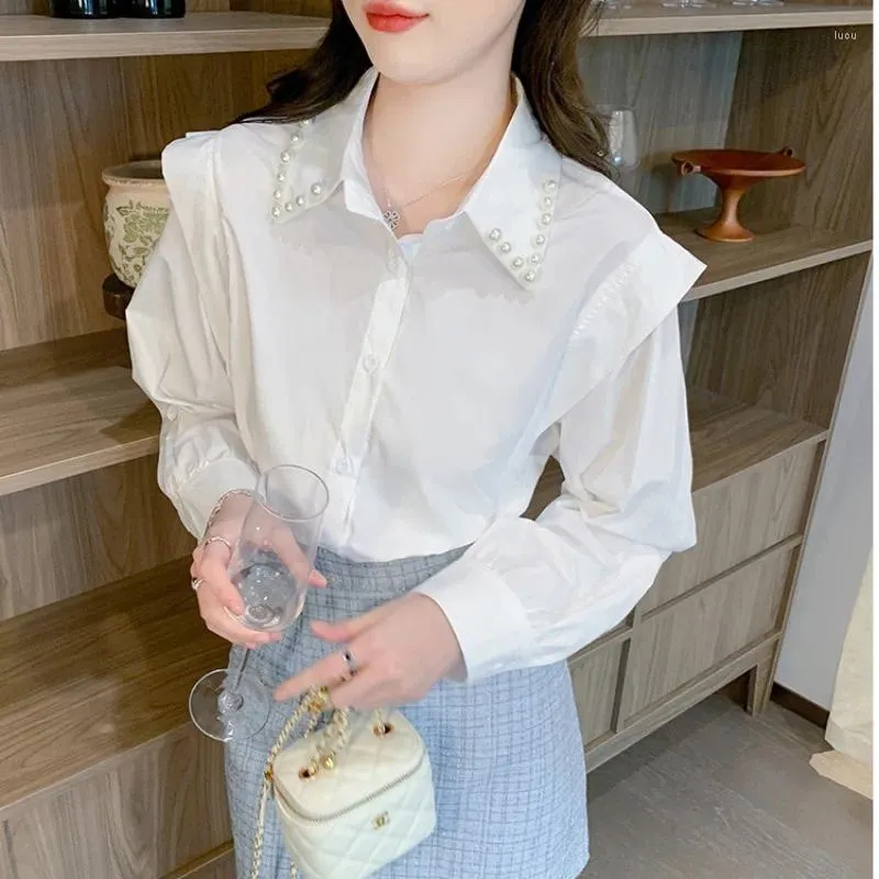 Women's Blouses 2024 Spring Korean Peals Beading Blouse Clothing Solid Elegant Fashion Lapel Long Sleeve Cotton White Shirt Ladies Tops