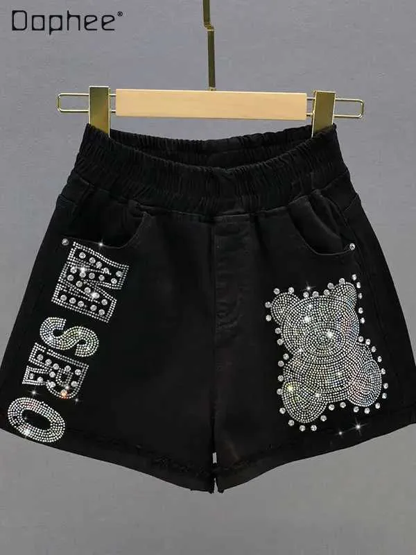 Dames shorts zwarte denim shorts dames dunne zomer elastische high taille losse en afslankelende diamant ingebedde hot pants voor hete meiden brede poten y240420