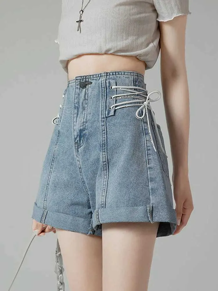 Women's Shorts Zoki Fashion Lace Up Denim Shorts Women Swt High Waist Preppy Style Jeans Shorts Summer Casual Design Cute Korean Shorts New Y240420