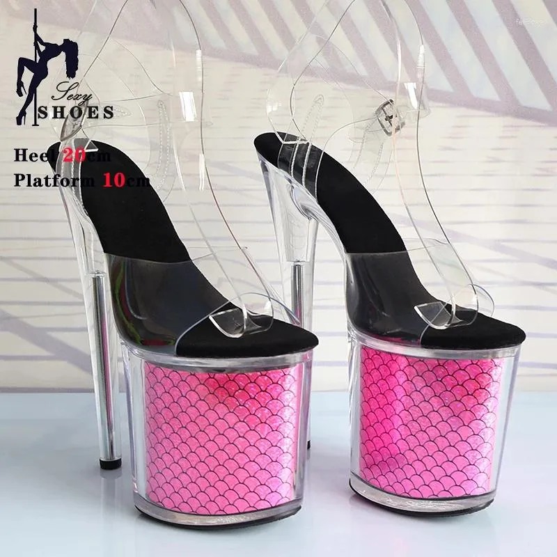 Sandalen farbenfrohe Fischmaßstab Pole Dancing Schuhe Offene Zehenkristallplattform High Heels Sexy 17 cm 20 cm Frauen Party Stripper