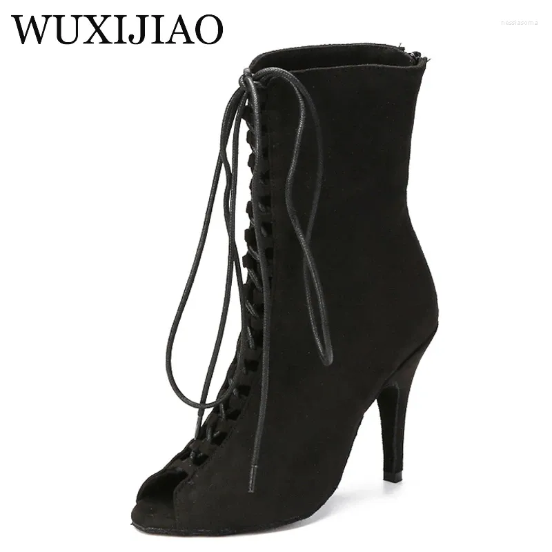 Dance Shoes WUXIJIAO Female Black Suede Latin Salsa Boots Training Stage Performance Party Soft Sole
