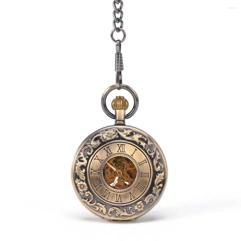 Pocket Watches Bronze Tone Hollow Case Dubbel Romeins nummer Men Automatische mechanische Steampunk Watch Self Wuring Fob Gifts