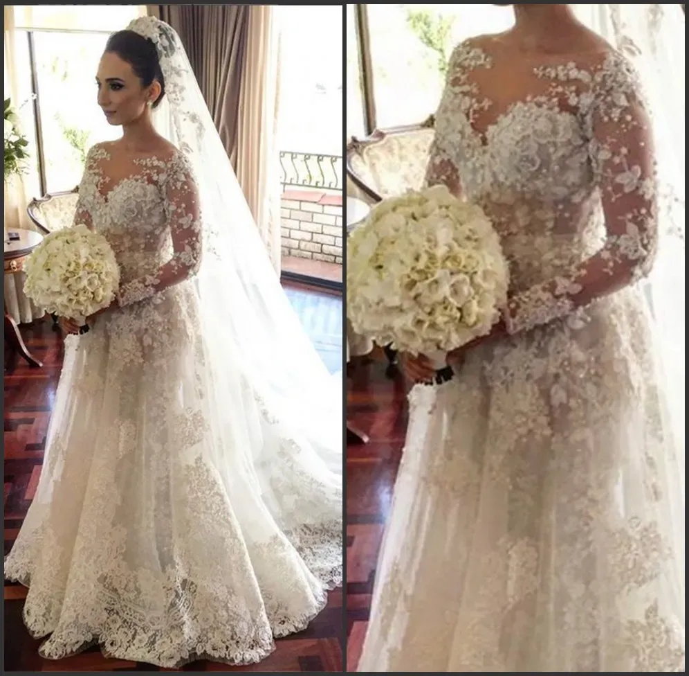 Dresses Jewel Neck Lace Appliqued Long Sleeves Lace Wedding Gowns With Beading Details robe de mariee manche longue