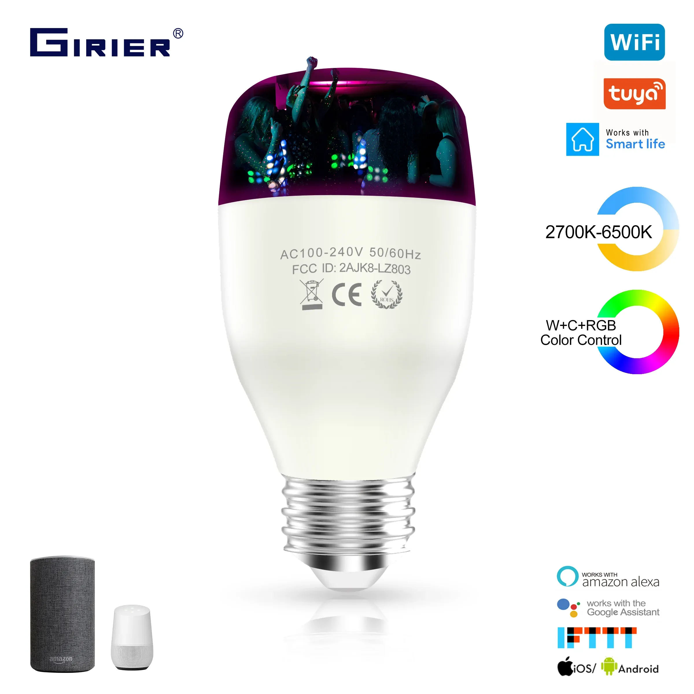 Control GIRIER Smart Wifi LED Bulb E27 9W WCRGB Tuya Smart Dimmable Lamp bulb Color Changing with Music Works with Alexa Google Home