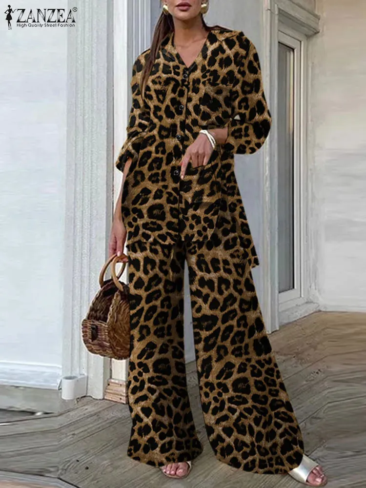 ZANZEA Vintage 2PCS Pant Sets Summer Women Fashion Leopard Printed Casual Loose Tops and Pant Outfits Wide Leg Pant Sets 240408