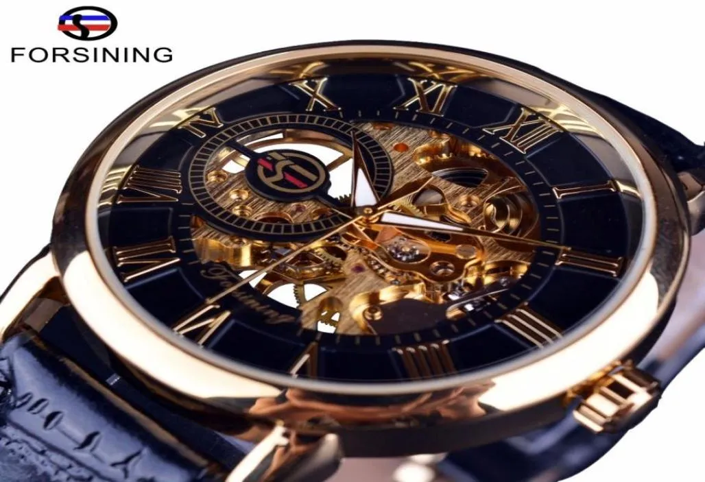 ForSining Men Watches Top Brand Luxury Mechanical Skeleton Watch Black Golden 3D Bokstavlig design Roman nummer Black Dial Clock Y1901530889