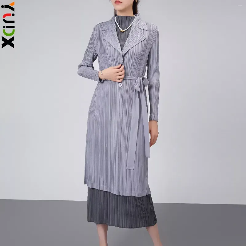 Work Dresses YUDX Miyake Pleated Single Breasted Mid Length Suit Collar Windbreaker Women's Solid Lace Up Cardigan Coat 2024 Spring Autumn
