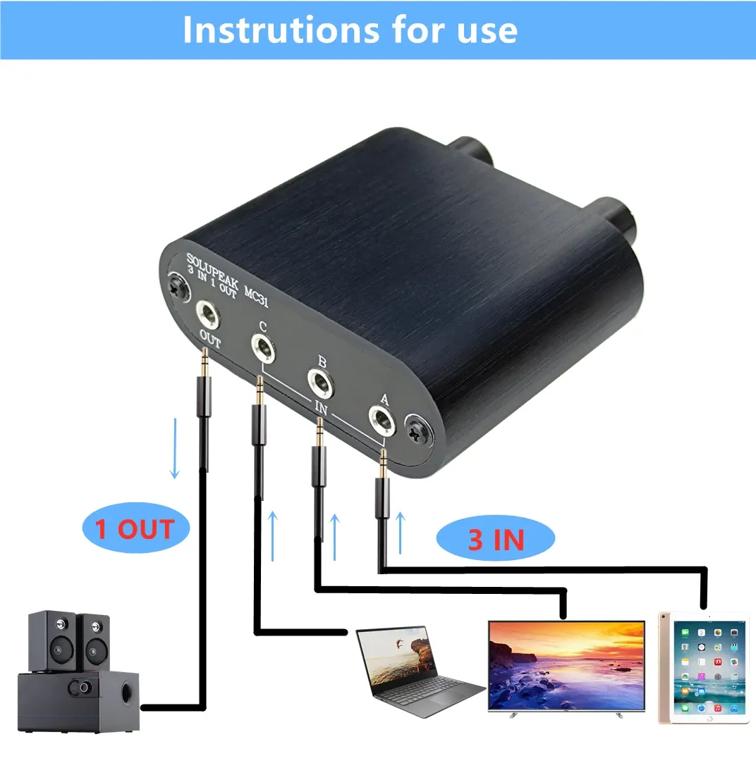 Amplifier 3.5mm Audio Switch with line Volume Controller 3 in 1 Out 1/8" aux switcher Splitter selector Box Inline attenuator Volume MC31