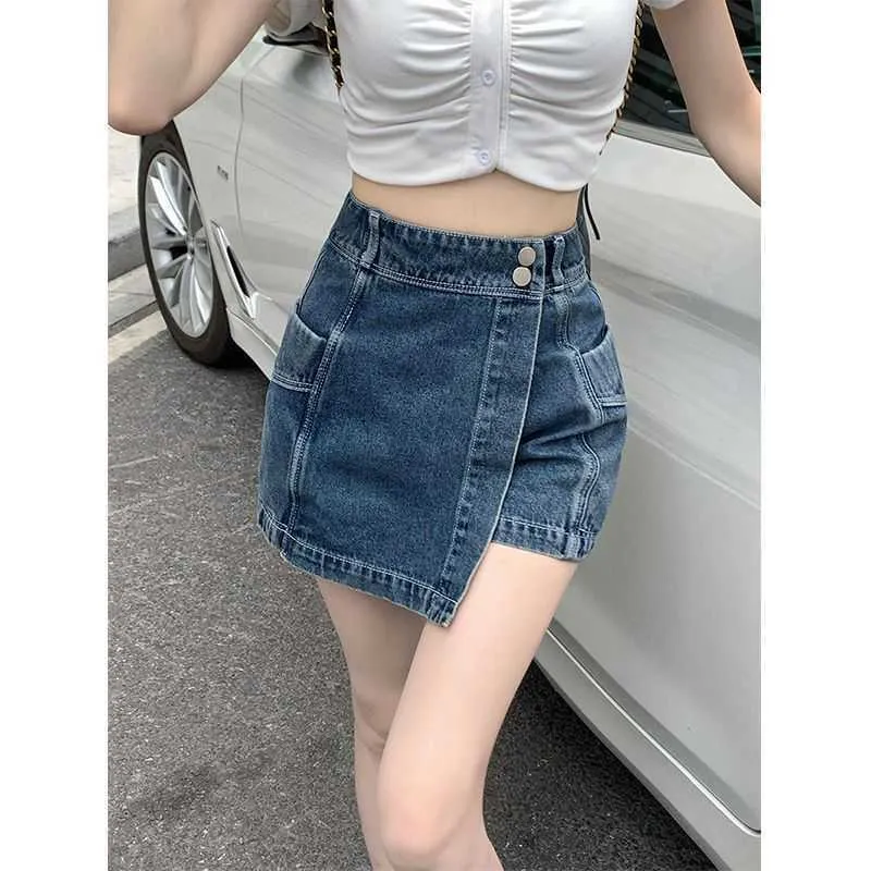 American Spicy Girl Denim Shorts Womens 2024 Summer New High Talist Loose Lose i Crotting Covering Design Uczucie spódnicy