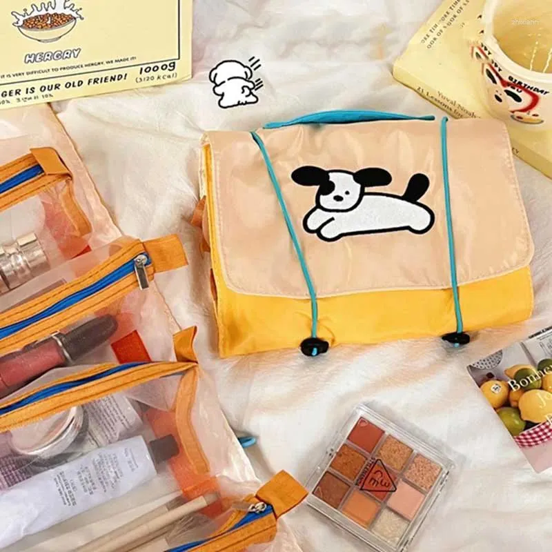 Cosmetic Bags Kawaii Cartoon Puppy Makeup Bag Removable Mesh Storage Large Capacity Portable Travel 4 In 1 Girls Washing Make Up Cases
