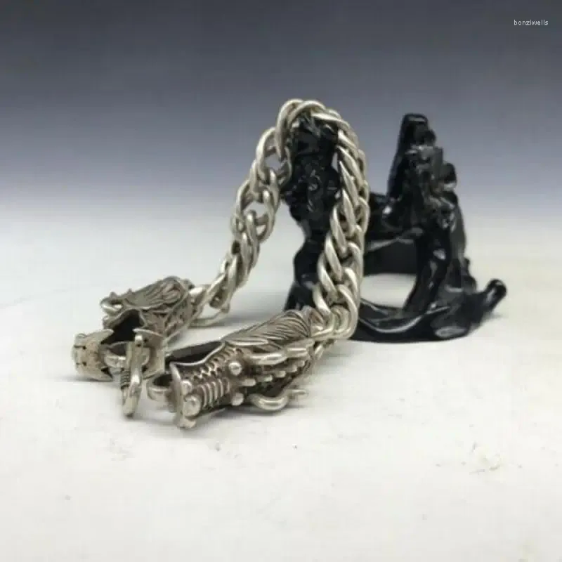 Decorative Figurines Collection Old China Tibet Silver Exquisite Double Dragon Head Bracelet