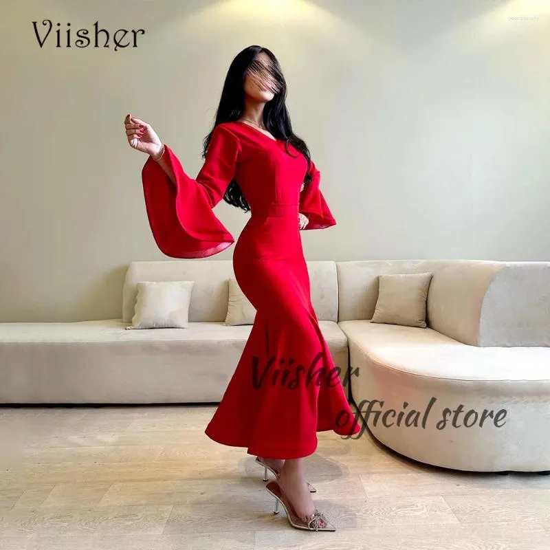 Party Dresses Viisher Red Mermaid Evening Long Sleeve V Neck Saudi Arabia Formal Dress Tight Dubai Prom Gowns