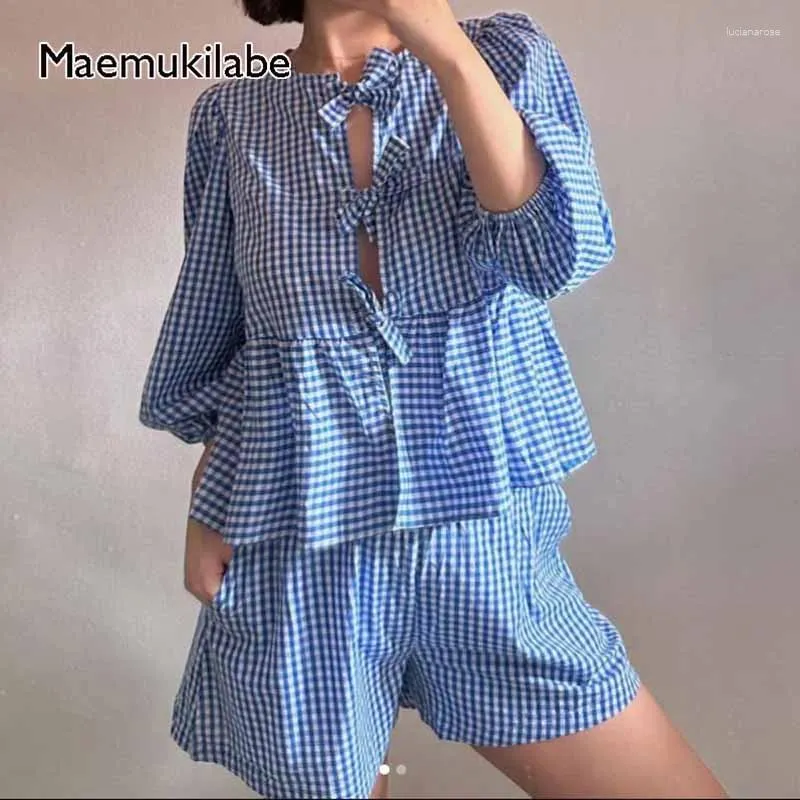 Suisses de route pour femmes Maemukilabe Y2K Vintage Femmes Kawaii Mathing Suit Plaid 2 pièces Setfits Front Bowknot Tie Up Blouse T-shirt Tops