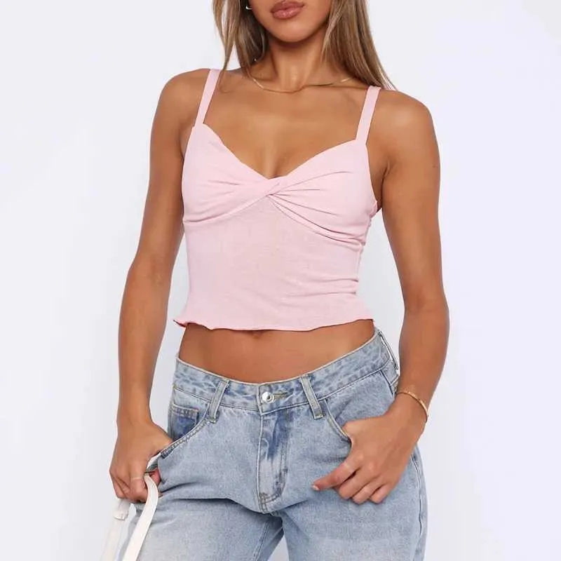 Damestanks Camis Xingqing Y2K Crop Top Vrouwen Zomerkleding Solid Color V Hals Spaghetti Riem Slvelloze ruche Hem Camisole 2000s Strtwear Y240420