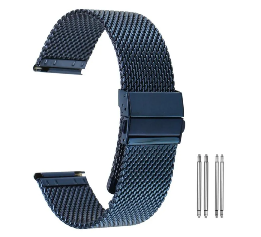 Wysokiej jakości żółty złotoblue 182022 mm siatka ze stali nierdzewnej opaska zegarek Strap Bransoletka prosta końce Haczyk Burza 9250997