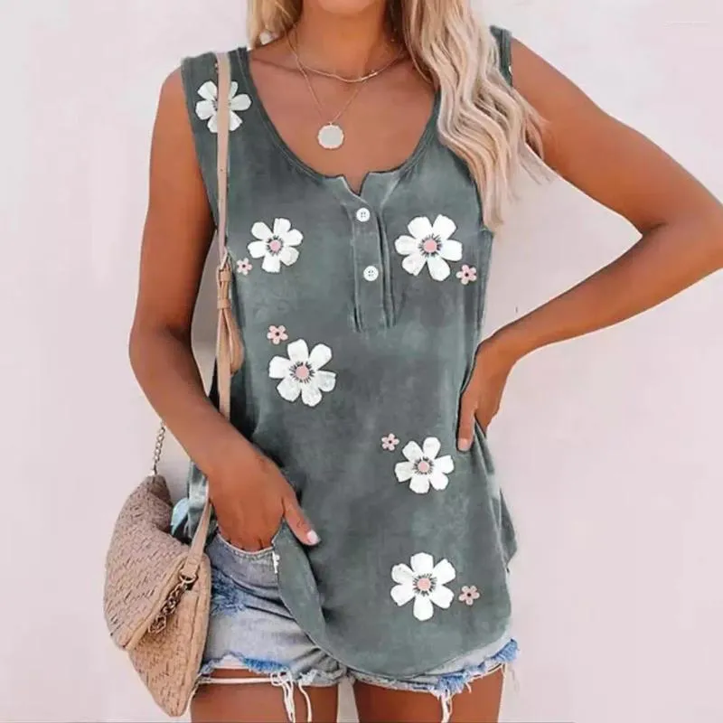 Kvinnors tankar Kvinnor blommor tryck Vest ärmlösa tank tops för lösa flödiga tunika streetwear casual sommar med knappar