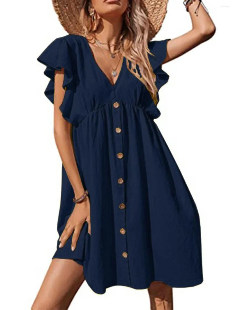 Casual Dresses Fashion Street Elegant Cross-Border Women's Clothing Midi Dress Ruched V-neck Buttons Plus Size