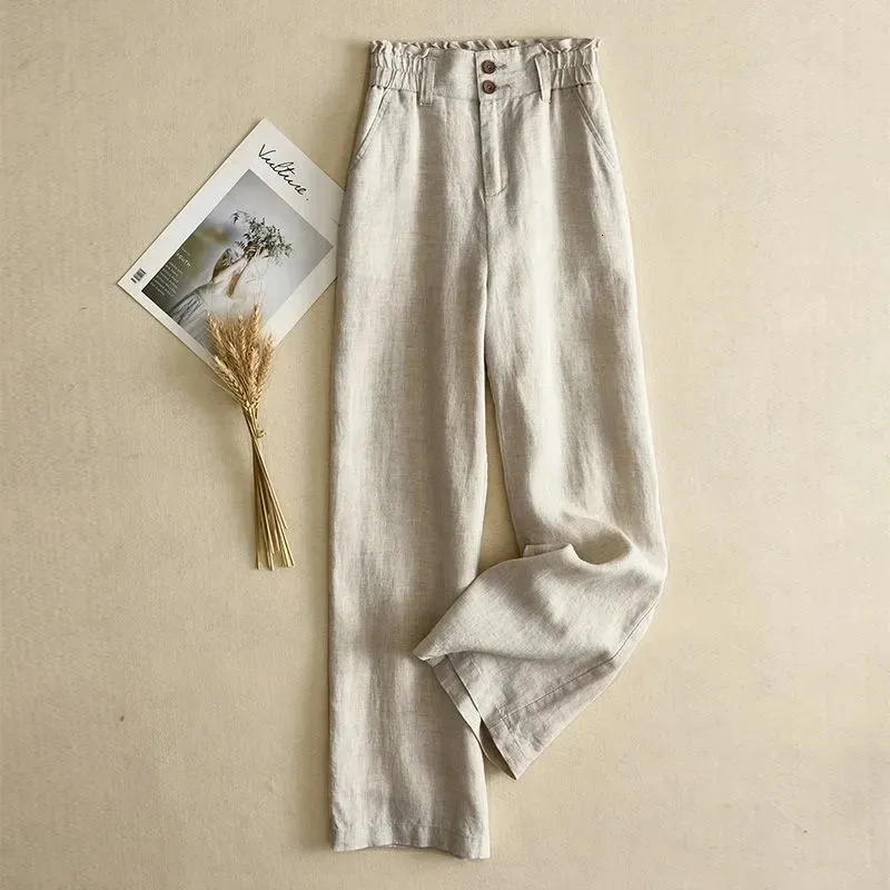 Beige Solid Casual Basic High midje Linen Wide Leg Loose Womens Pants Korean Fashion AnkleLength for Women Spring 240410