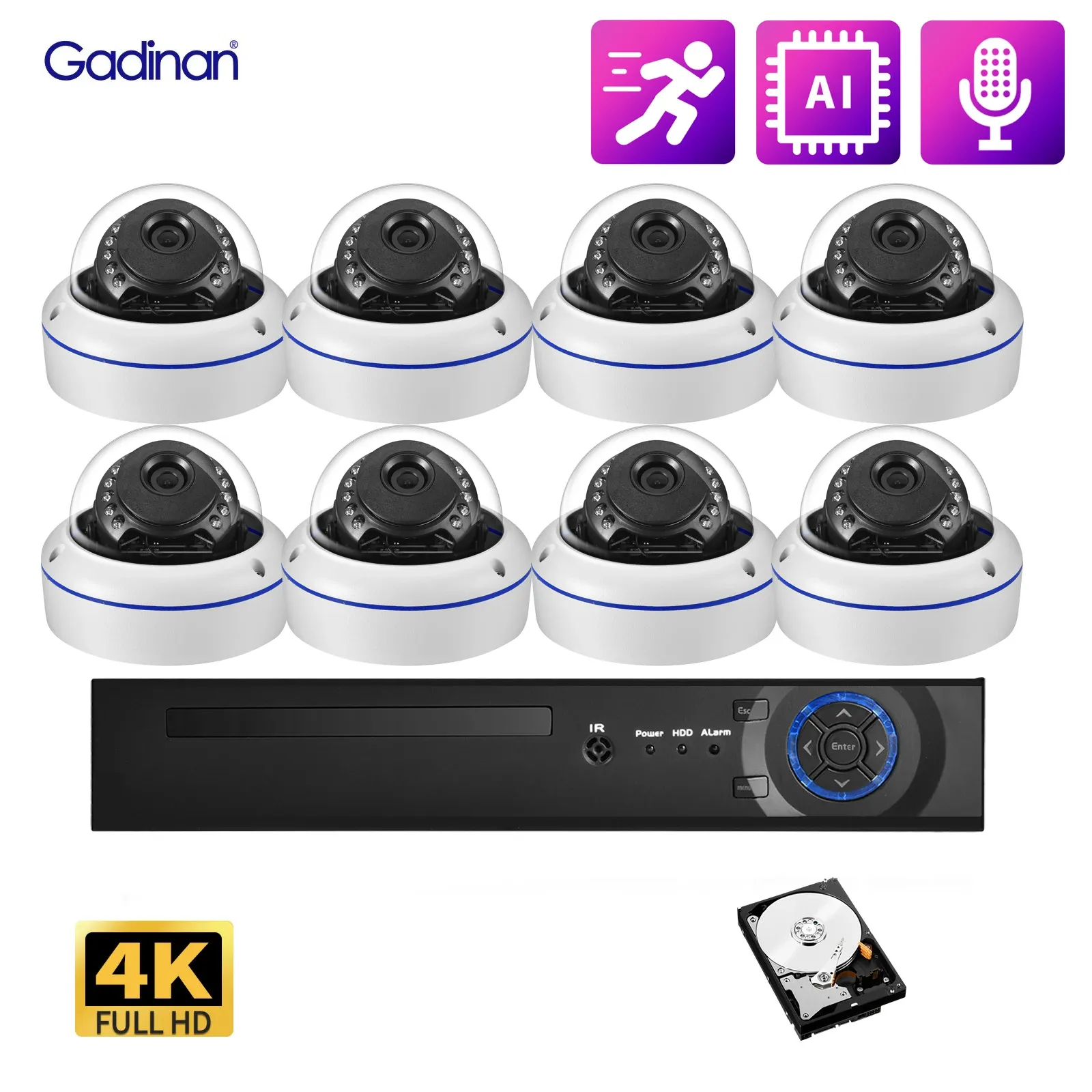 Lens Gadinan 8MP 4K Ultra HD IP -камера Обнаружение движения движения на открытом воздухе Audio Videio Surveillance Poe NVR Builtin 8 Poe Ports Monitor