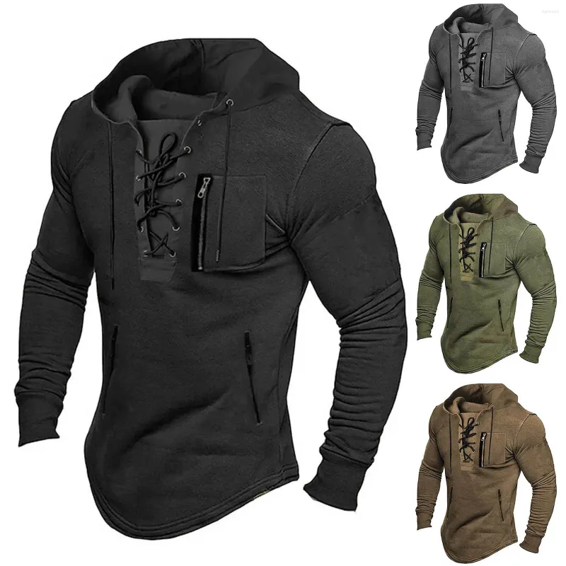 Men's Hoodies 2024 Mens Spring And Autumn Sweatshirt Fashion Vintage Casual Solid Color Lace Up Hooded Long Sleeve Pullover Sweater Top