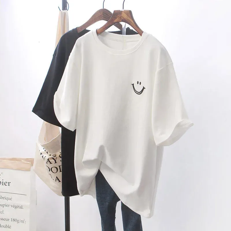 Korean Batwing Short Sleeve Loose Tshirts Casual Women Floral Print Smile Face Black White All Match Trend Tee Top 240411