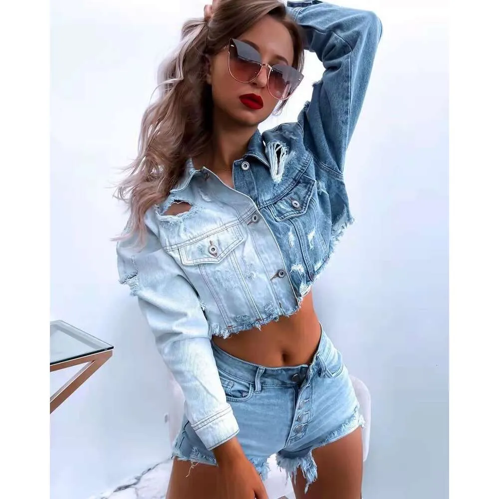 Spring And 2024 Autumn Women's Denim Shirt Gradually Changing Color Short Coat