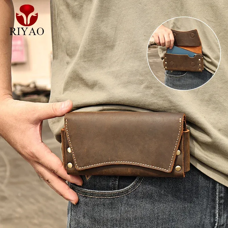 Riyao Genue en cuir Taist Pack Vintage Dual Cose Phone Sac Sac Pouche Fanny Pack For Mens Téléphone Holster Belt Sac Portefeuille Case Man 240419