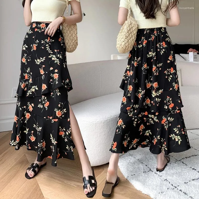 Skirts Girls Fashion Splice Chiffon Floral Women Colthing Lady Summer Casual Split Hem Flounce Skirt Female Outerwear Clothes 2