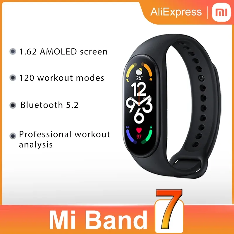 Wristbands Global Version Xiaomi Band 7 Smart Bracelet Smart 1.62 Screen AMOLED 120 MODOS DE VERÃO Bluetooth 5.2 treino profissional