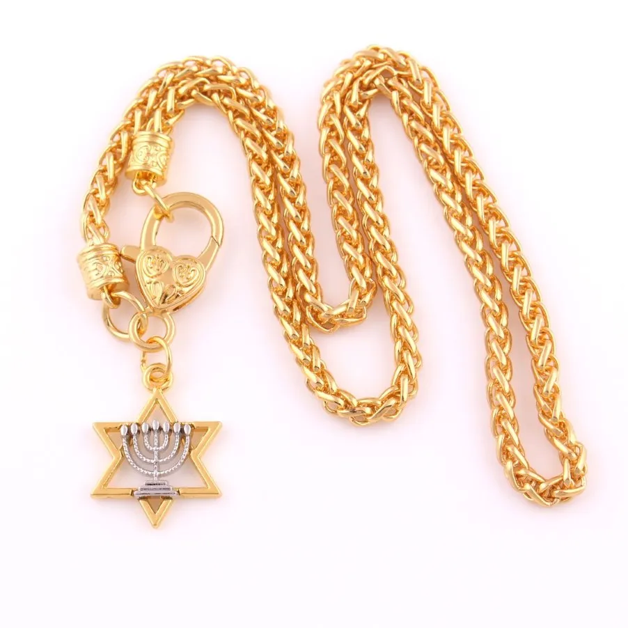 Star of David och Menorah Hexagon Charm Pendant religiös judisk halsband248m