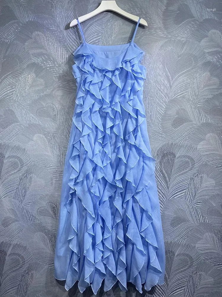 Sukienki swobodne Seifrmann Projektant pasa startowego letnia impreza midi sukienka seksowna spaghetti strap warstwy marszczyków niebieskie eleganckie wakacje