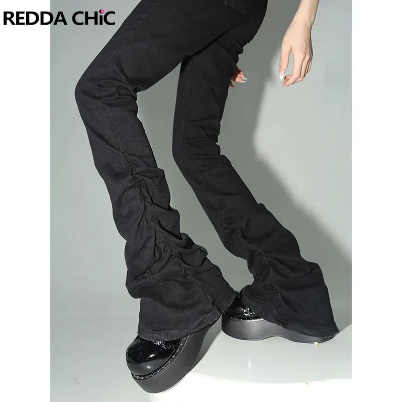 Reddachic Black Rucched Flare Jeans Femmes Solide Stretch Bootcut Pantalons empilés Pantalons de haute hauteur