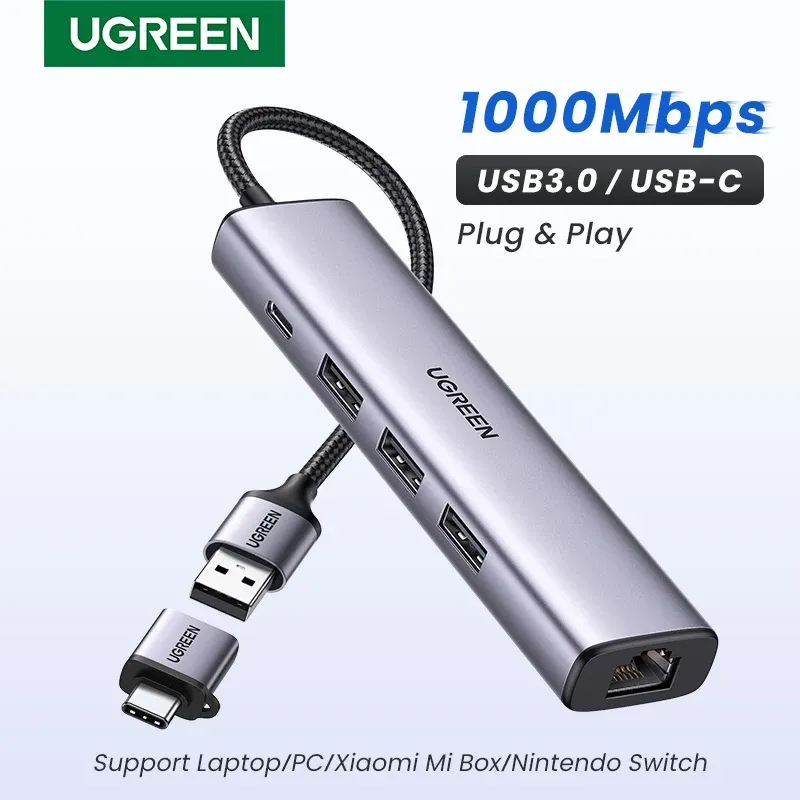 Карты Ugreen USB Ethernet USB 3.0 2.0 To RJ45 Hub для компьютера Xiaomi Mi Box 3/S Box Box Ethernet Adapter Adapter Network Card USB LAN