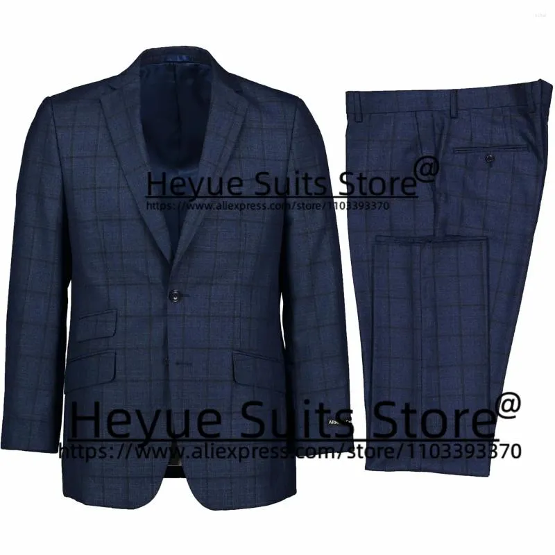 Ternos masculinos Business Navy Blue Plaid Wedding for Men Slim Fit Anded Lapel Groom Tuxedos 2Pieces Desenta