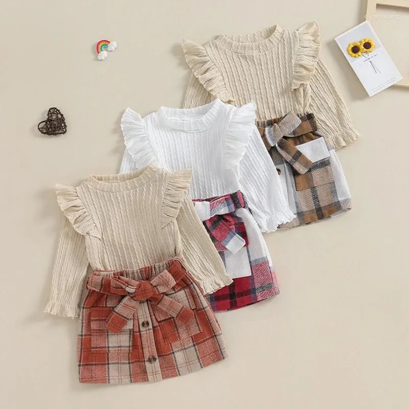 Наборы одежды 1-4 года Детские девочки весенний падение наряды с твердым цветом ребра с длинным рукавом и клетчаты