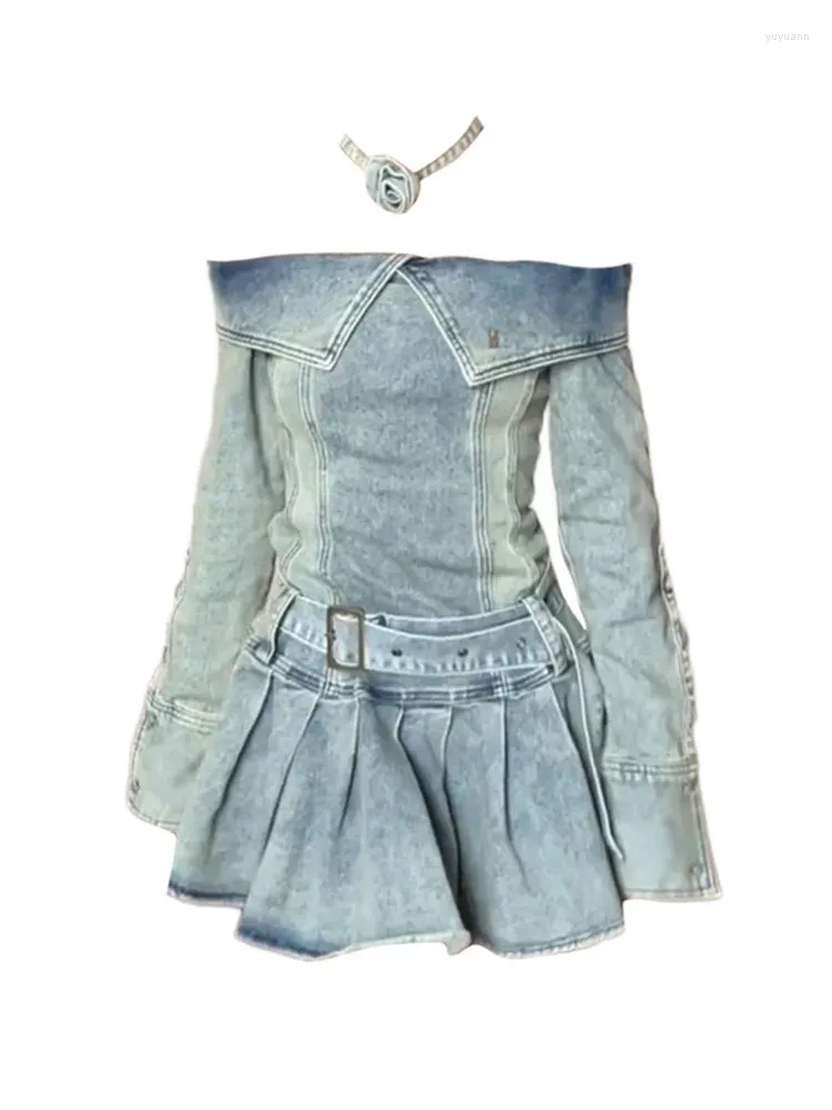 Casual Dresses Design Blue Denim Dress Adjustable With Belt High Street Gyaru Slash Neck A-Line Clubwear Fairy Y2K Preppy Style