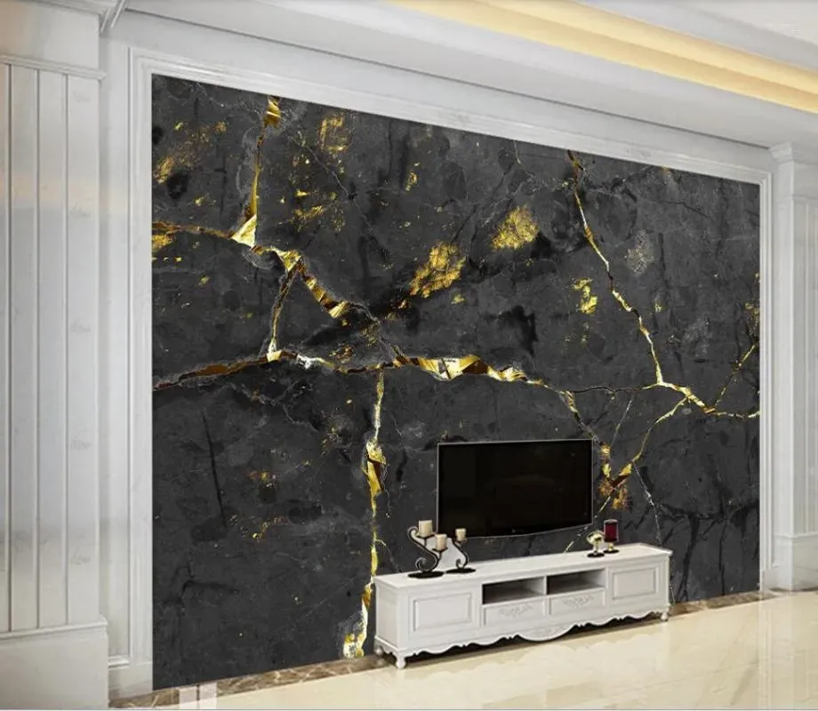 Wallpapers Wallpapers Customized Largescale 3D Mural Wallpaper European Light Luxury Noble Black Gold Wire Marbling TV Background Wall