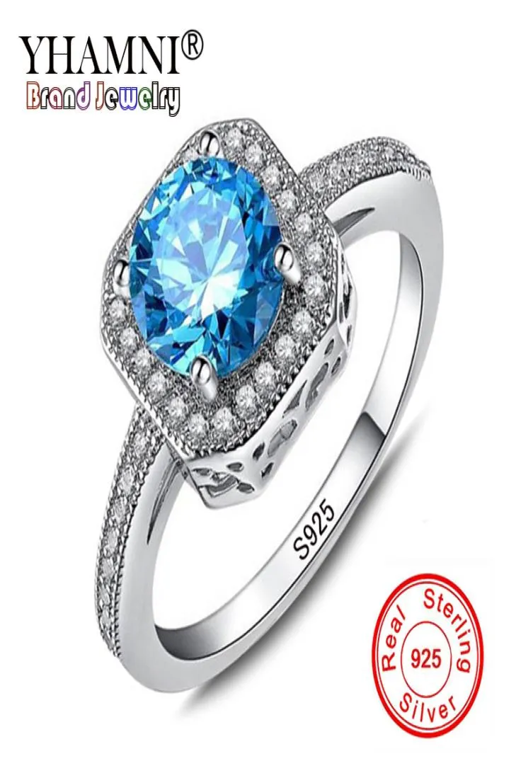 YHAMNI Luxury 1ct 6mm Natural Blue Gem Stone Rings for Women Real 925 Sterling Silver CZ Diamond Engagement Wedding Rings KR1541432953