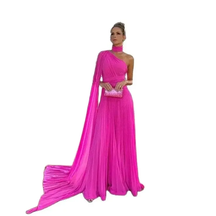 Elegante lange chiffon hete roze avondjurken met cape a-line een schouder halter geplooide vloer lengte prom formal feest prom jurk voor vrouwen