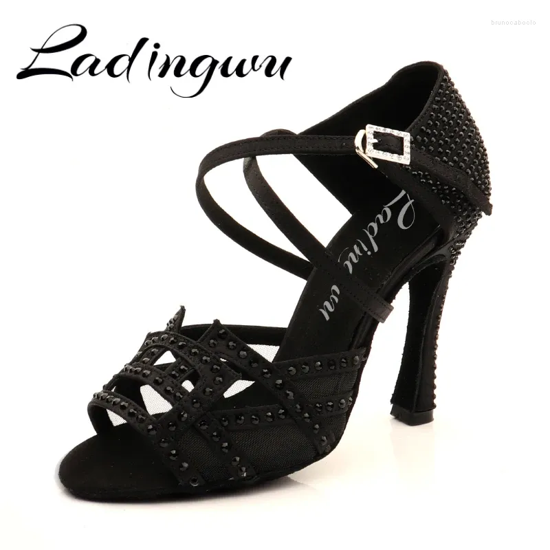 Dansschoenen ladingwu latin dames strass salsa balzaal feest beroepsberoep hakken 10 cm satijn zwart