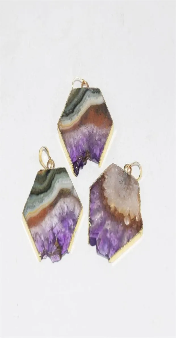 Fashion Jewelry Natural slice Purple Crystal Quartz necklace pendant male raw slab geode druzy amethysts stone pendant women 201018577618