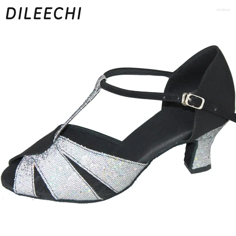 Scarpe da ballo dileechi femminile velluto nero in latino argento flash sala da ballo danza a metà tallone 6cm
