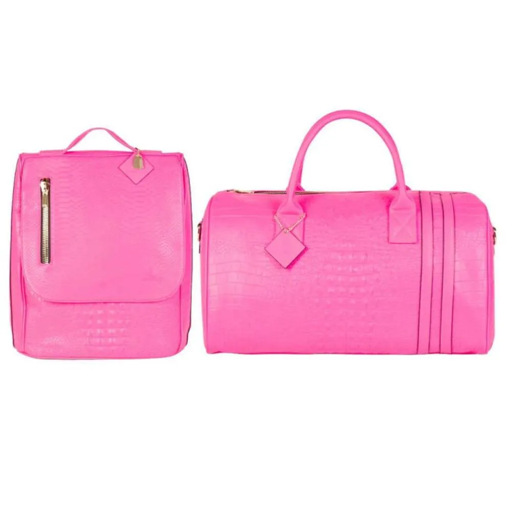 Custom Leather Neon Pink Women Duffel Weekender Travel Bag and Backpack Set5887846