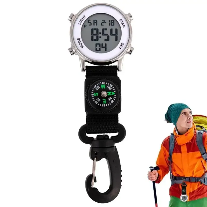 Väskor Digital Clip Watch Water Resistent Clip på digital karabiner titta på ryggsäck fickklocka dag kalender väckarklocka kompass led