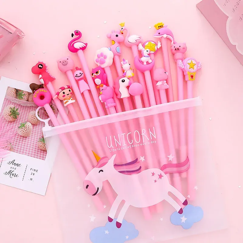 Pens 20pcs/lotto cartone animato gel cartone animato Penna kawaii borse per penna unicorno 0,5 mm Accessori per ufficio inchiostro Nero Accessori di cartoleria Articoli Pink School Supplies