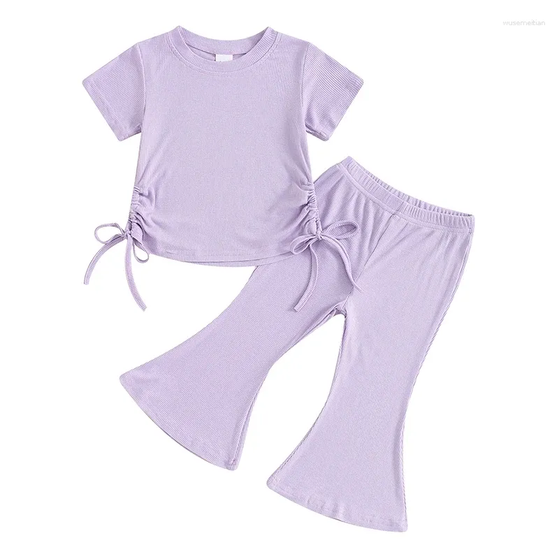 Kläderuppsättningar Little Girls Ribbed Outfits Kort ärm Runda nacke Sidan Drawstring Tops Elastic midjeflare Flare Pants Toddler 2 Piece Summer Set