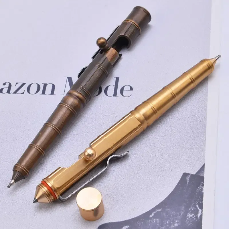 Pens L74A Solid Brass Gel Ink Pen Retro Bamboo Node Bolt Action Writing Tool Stationery