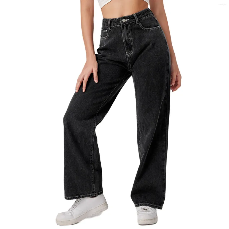 Jeans femininos Mulheres casuais Caustria alta Alta perna reta Vintage bolsos soltos calças jeans verão y2k Baggy All-Match Streetwear